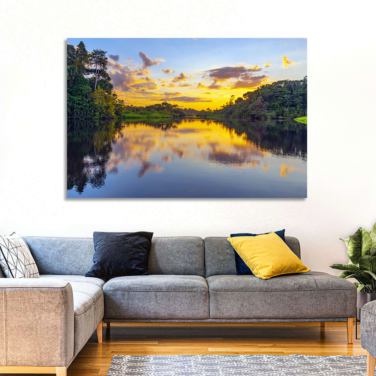 Amazon River Sunset Reflection Wall Art in a room, landscape