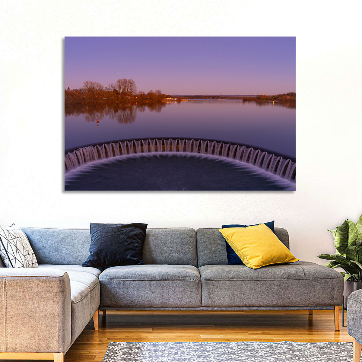 Circular Weir at Dusk Wall Art in a room, landscape