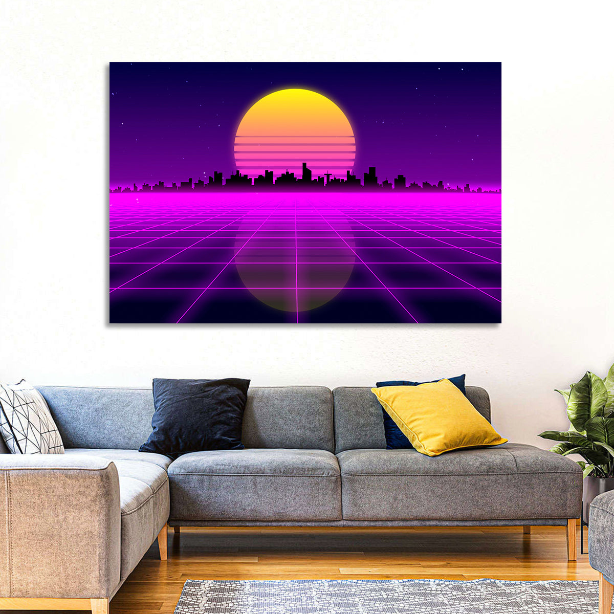 Neon Sunrise Skyline Wall Art in a room, landscape