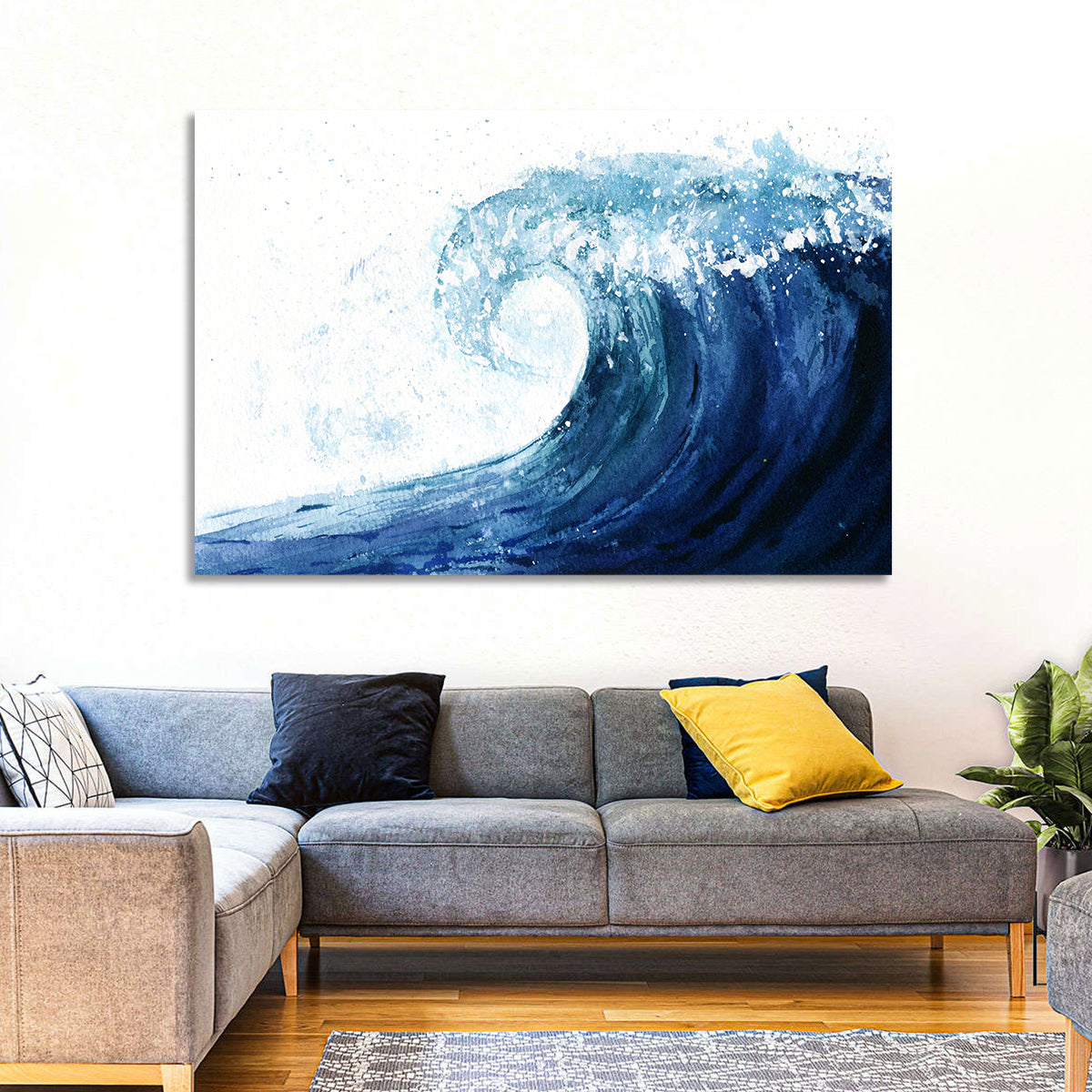 Watercolor Cresting Wave Wall Art in a room, landscape