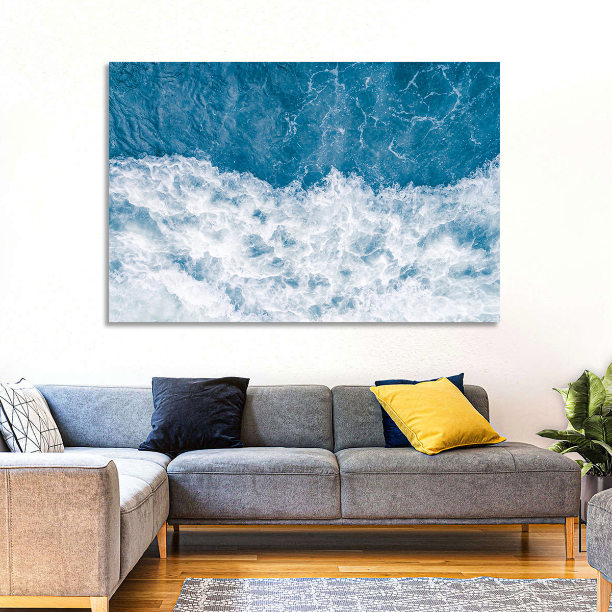Stormy Blue Sea Wave Wall Art in a room, landscape