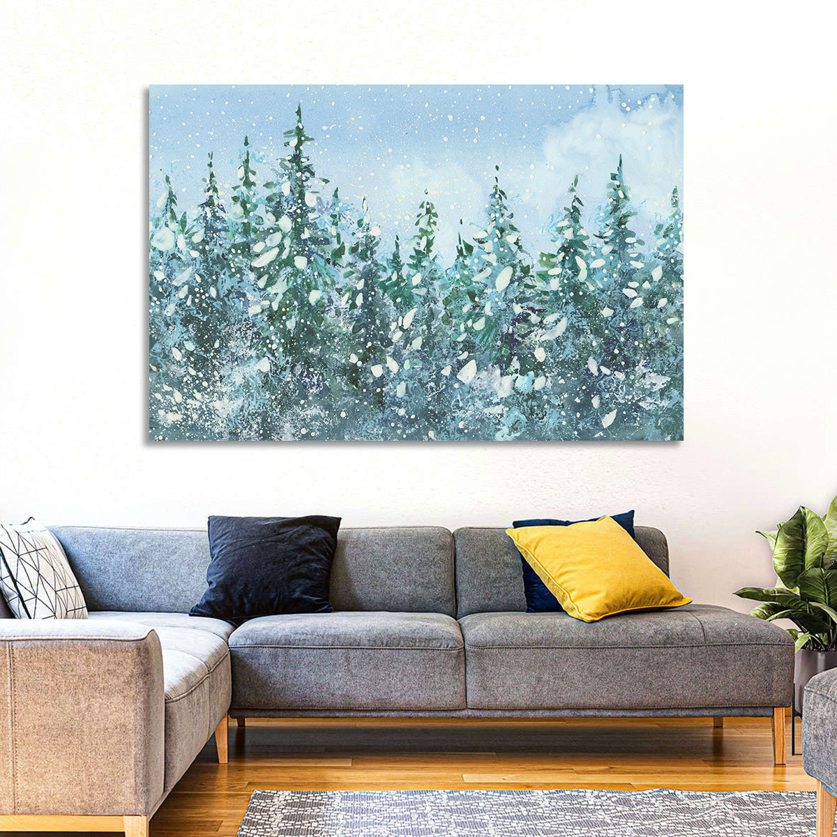 Snowy Spruce Forest Wall Art in a room, landscape