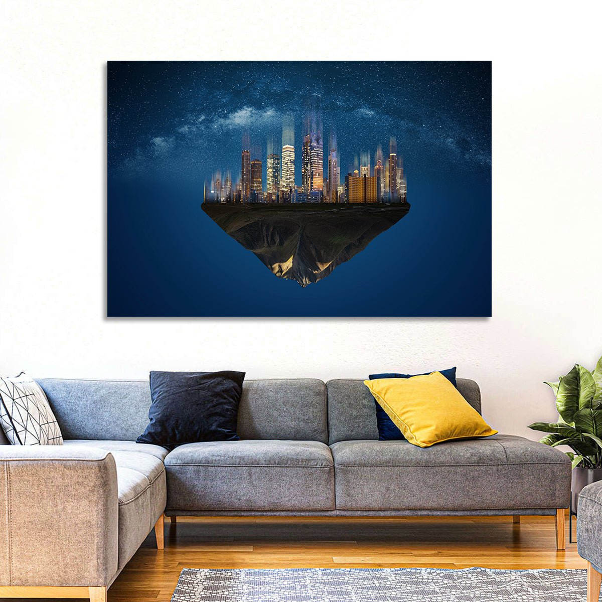 Floating City Island Wall Art in a room, landscape