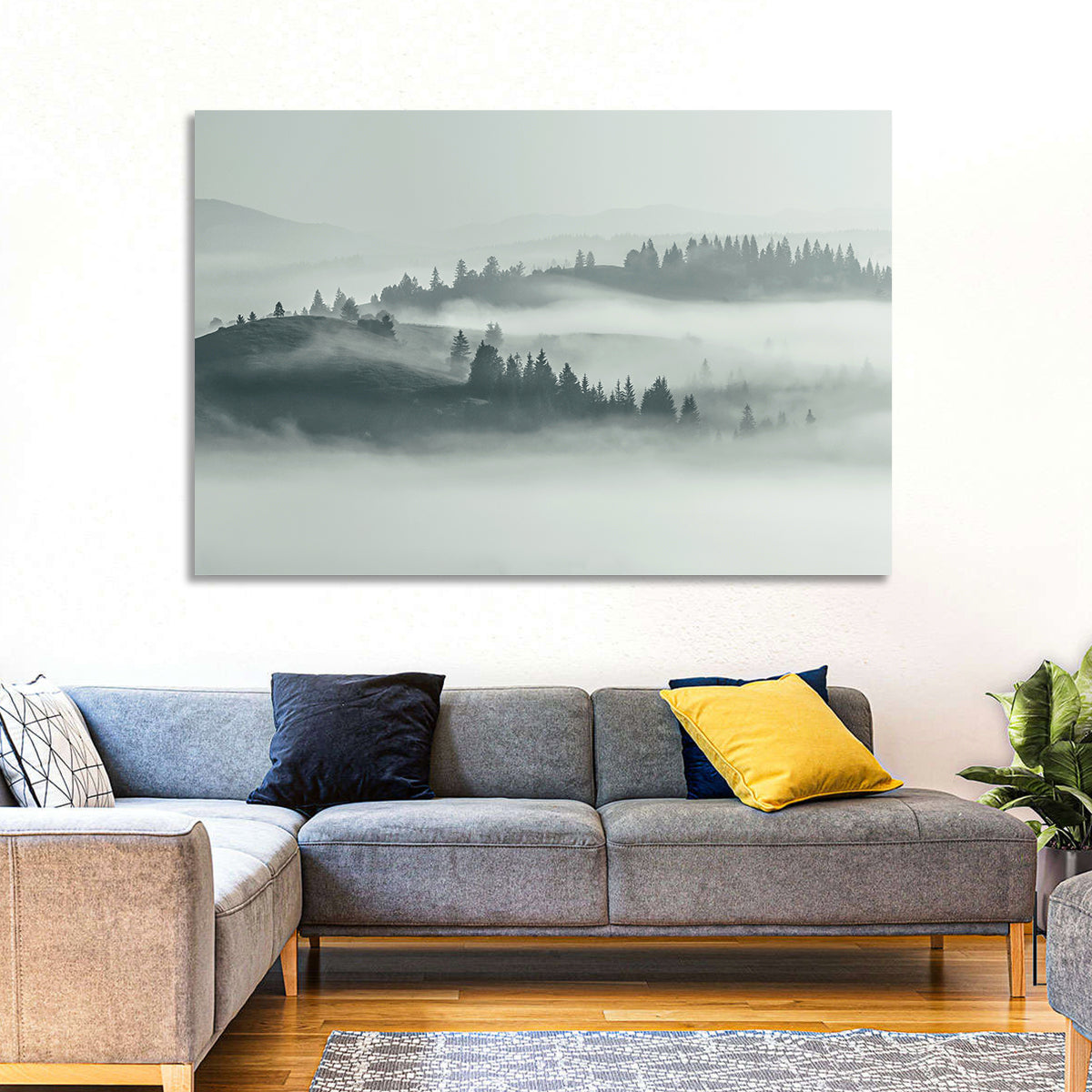 Carpathian Morning Mist Wall Art in a room, landscape