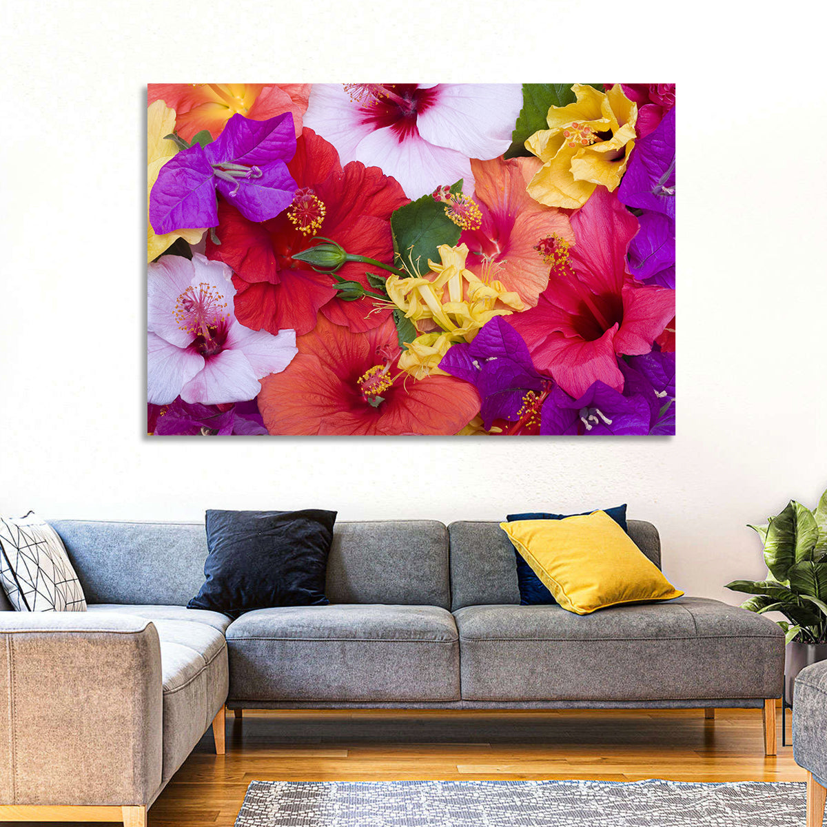 Tropical Bougainvillea and Hibiscus Bloom Wall Art in a room, landscape