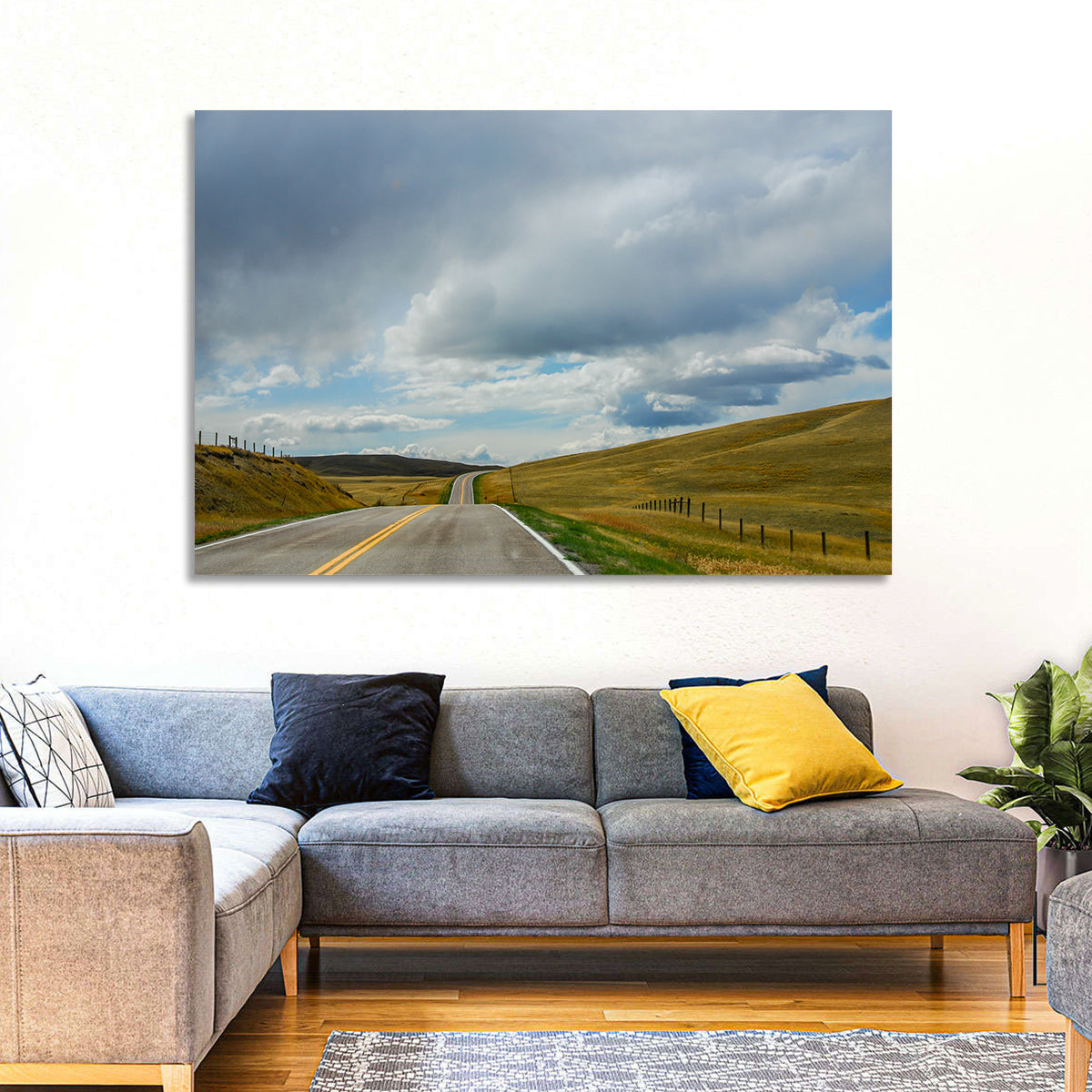 Montana Road Through Golden Hills Wall Art in a room, landscape