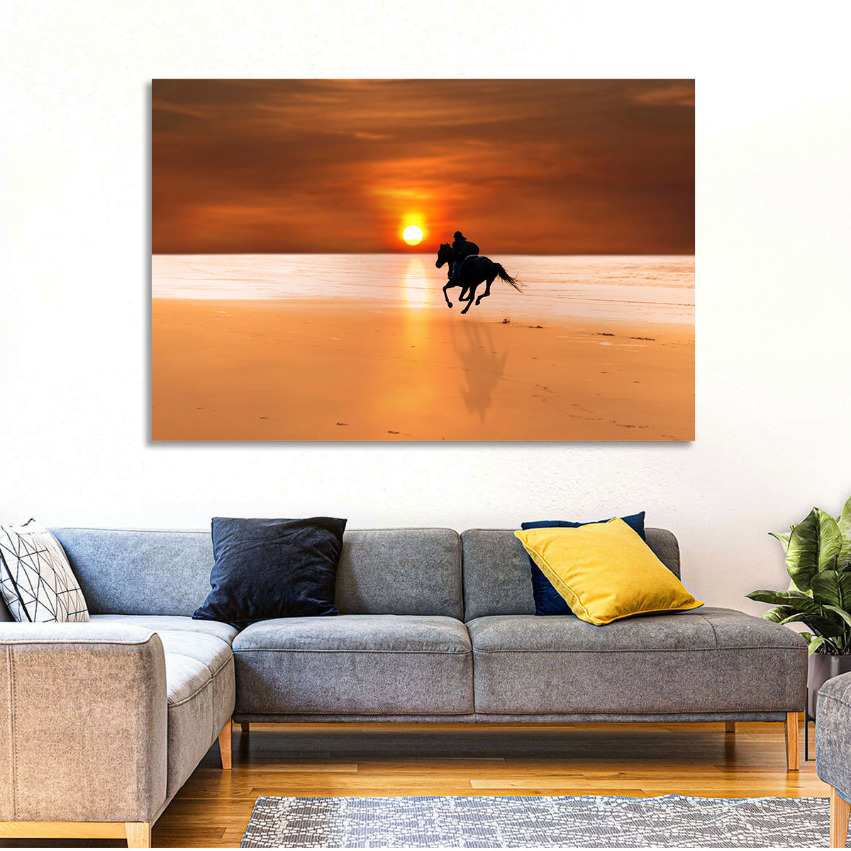 Horse and Rider at Sunset Wall Art in a room, landscape