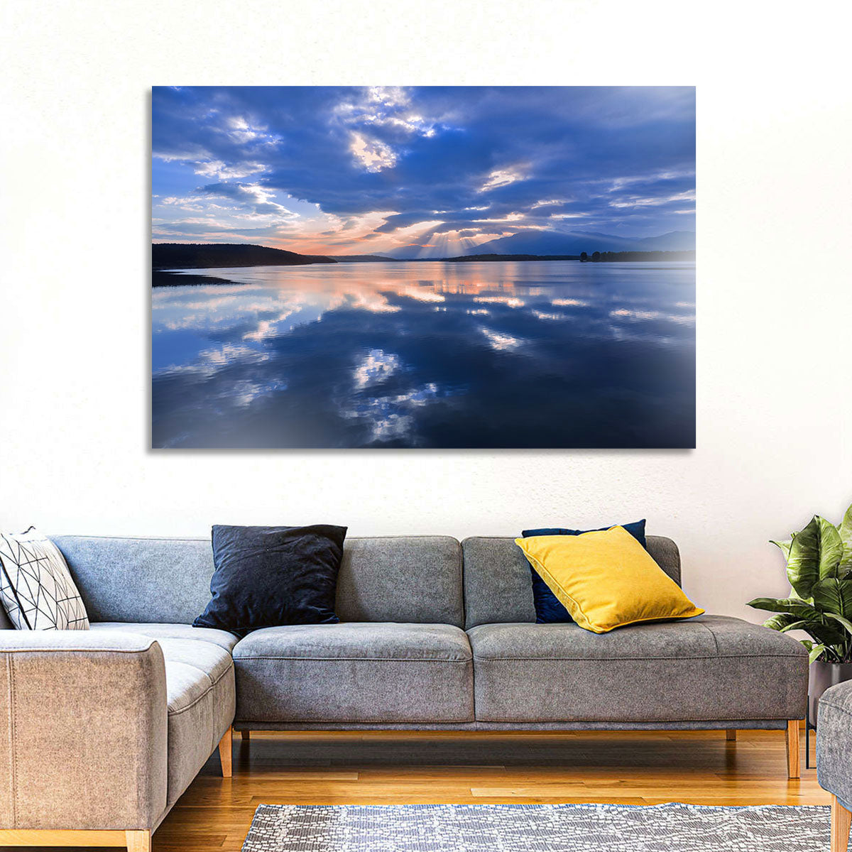 Cloudy Summer Lake Wall Art in a room, landscape