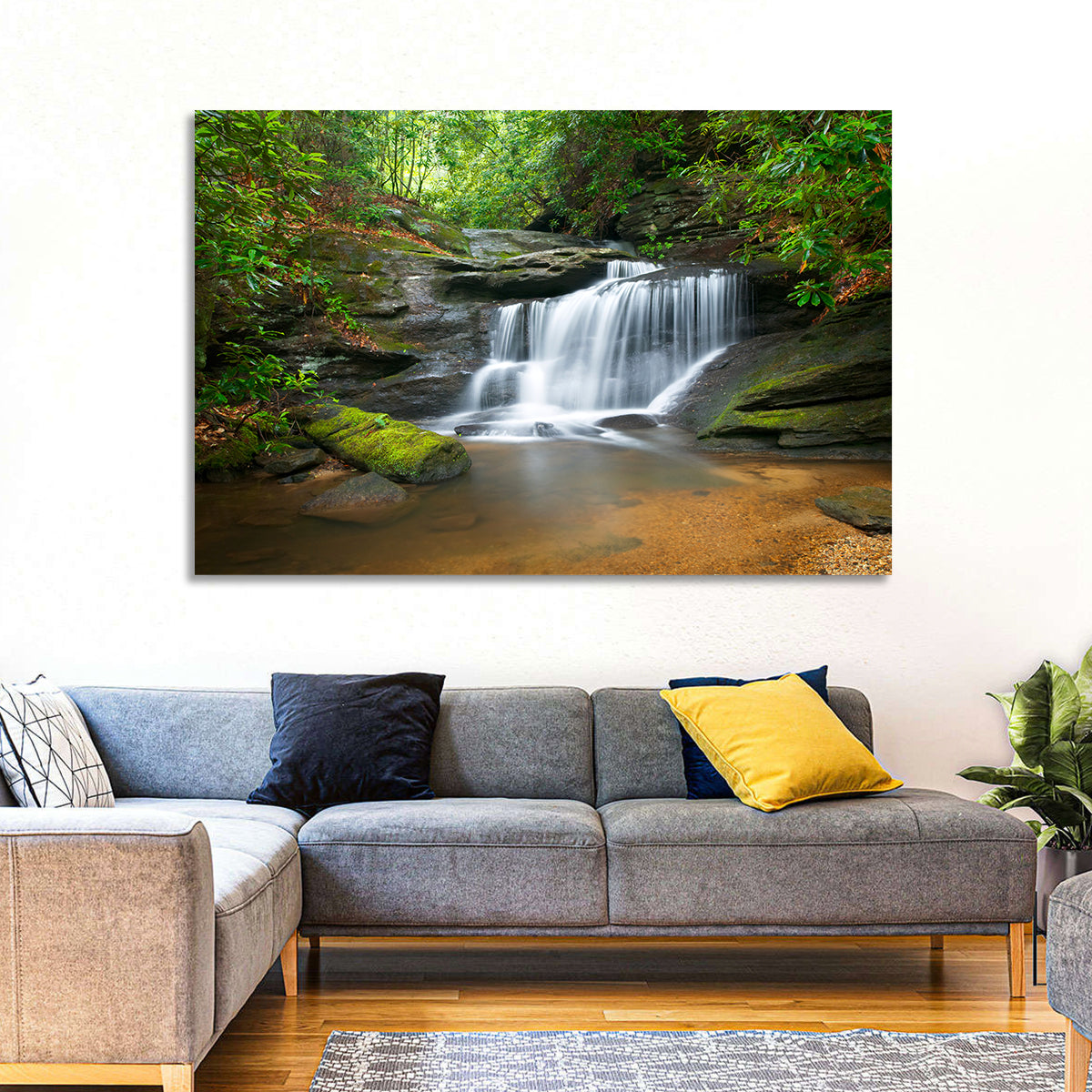 Blue Ridge Mossy Waterfall Wall Art in a room, landscape