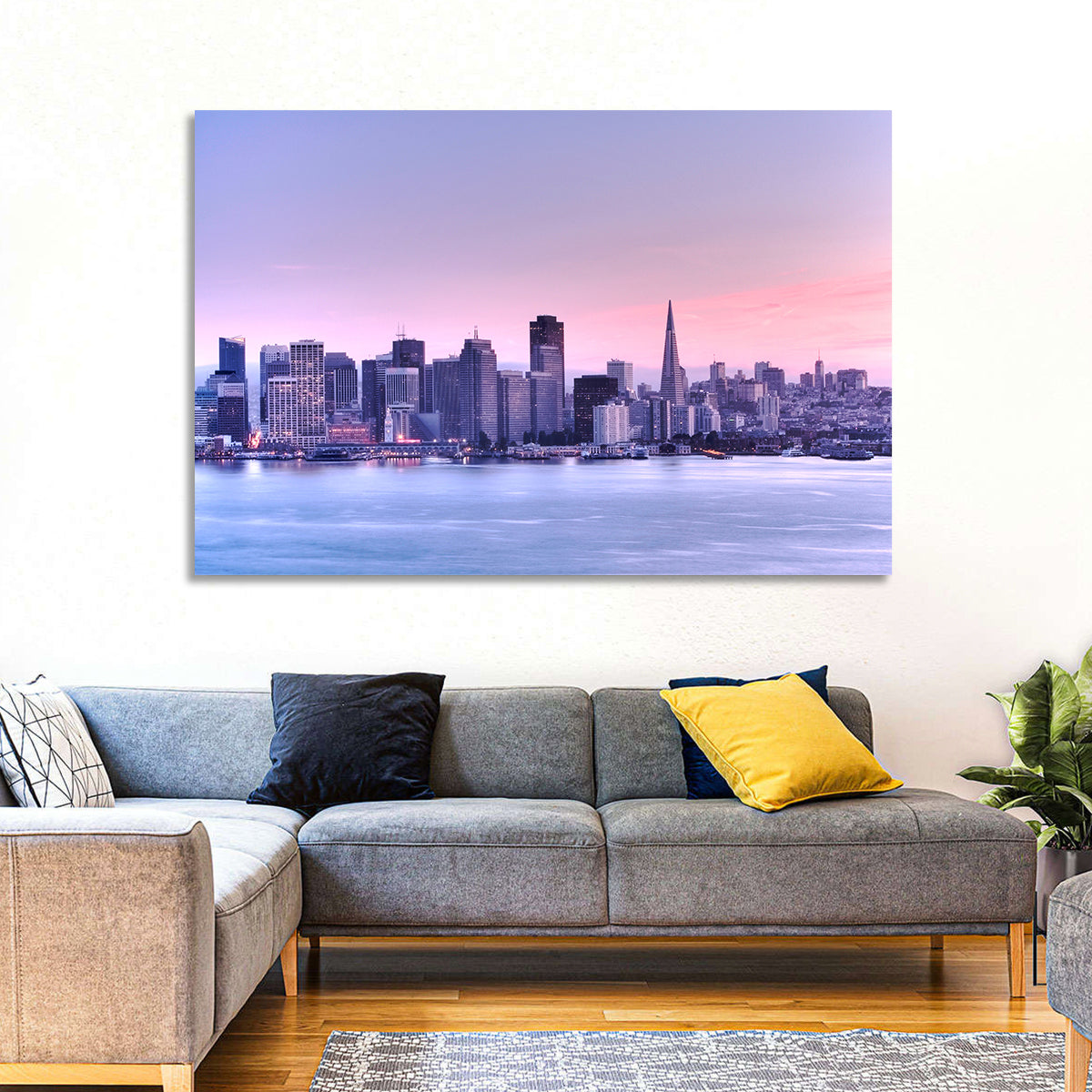 San Francisco Skyline at Lavender Dusk Wall Art in a room, landscape