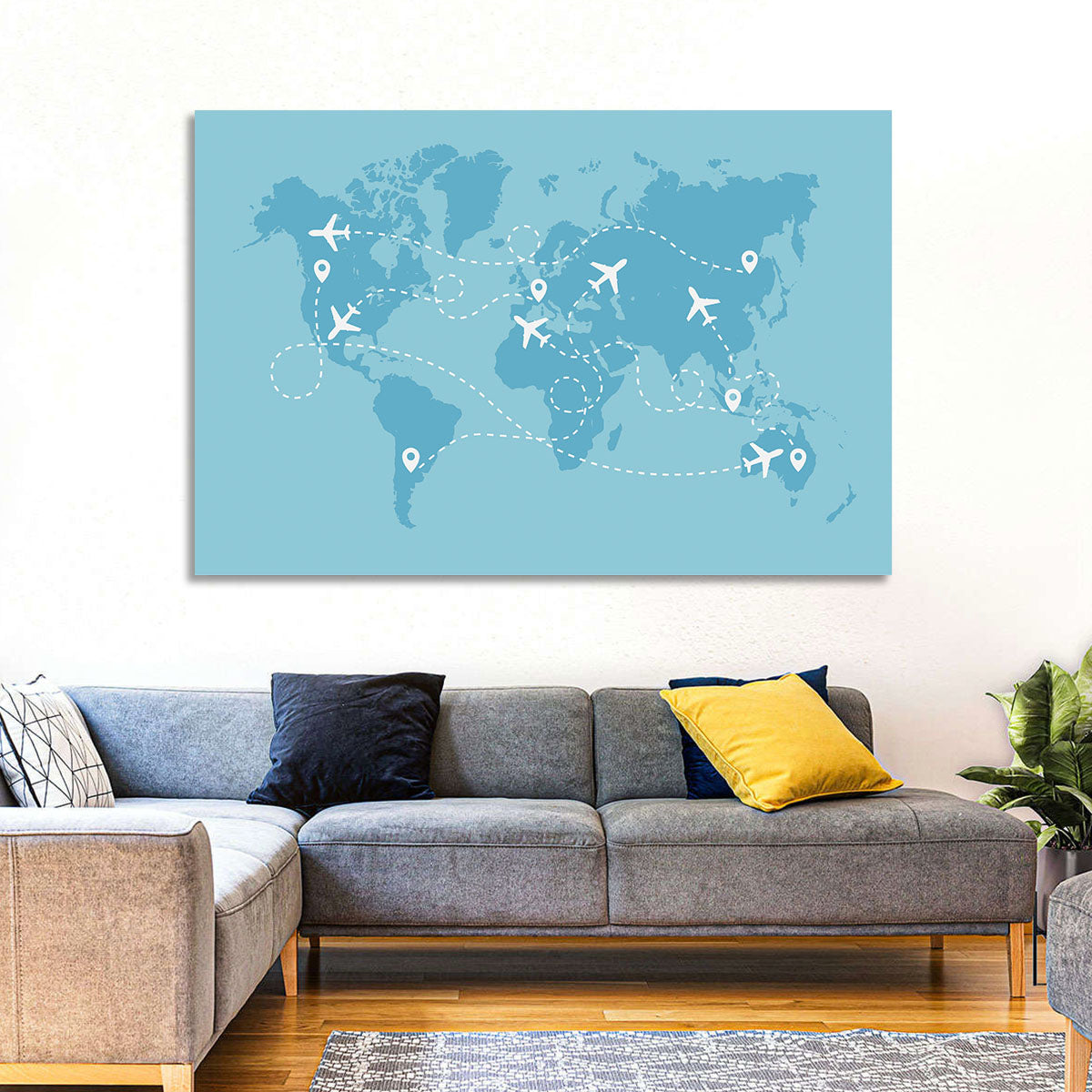 World Flight Routes Map Wall Art in a room, landscape