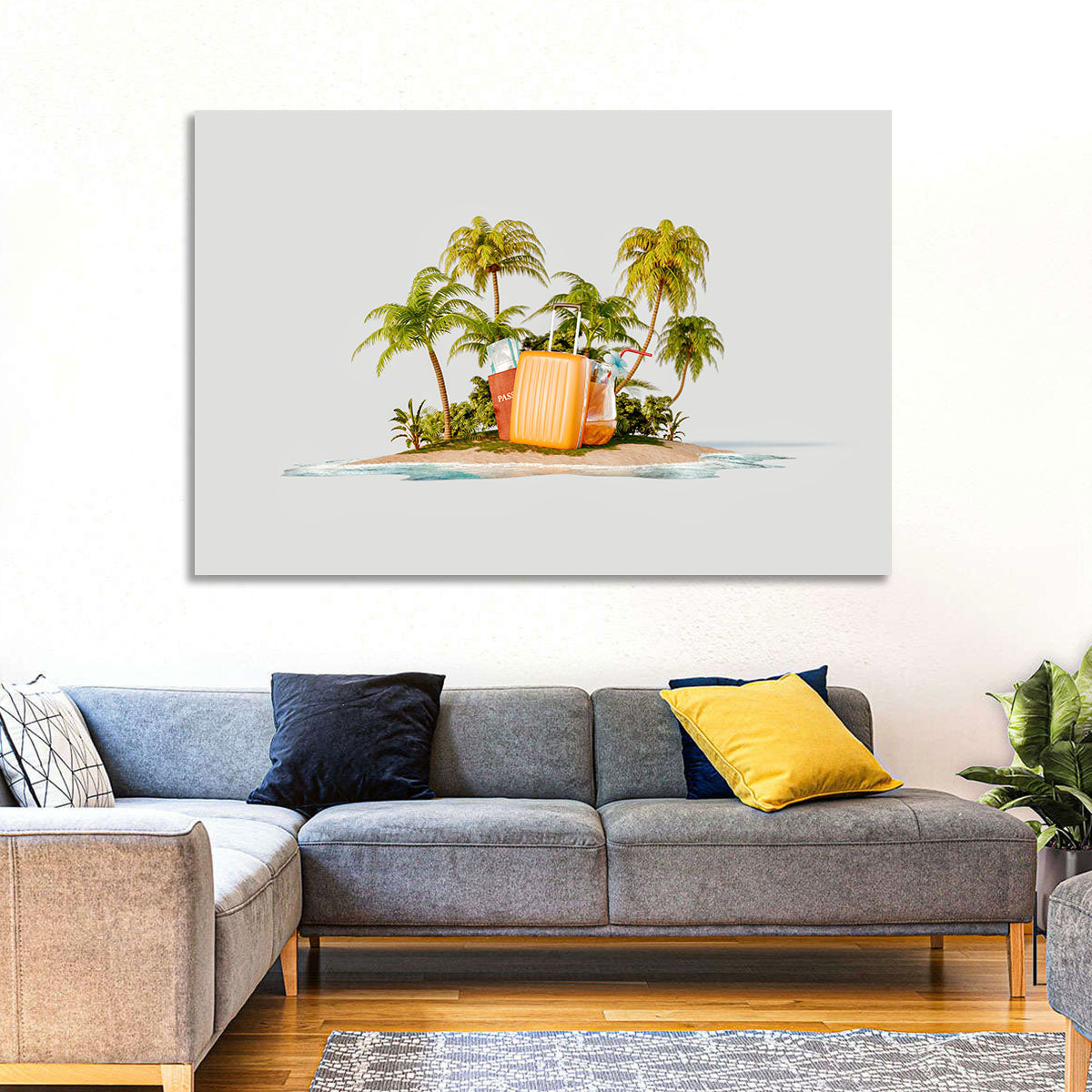 Tropical Island Vacation Illustration Wall Art in a room, landscape