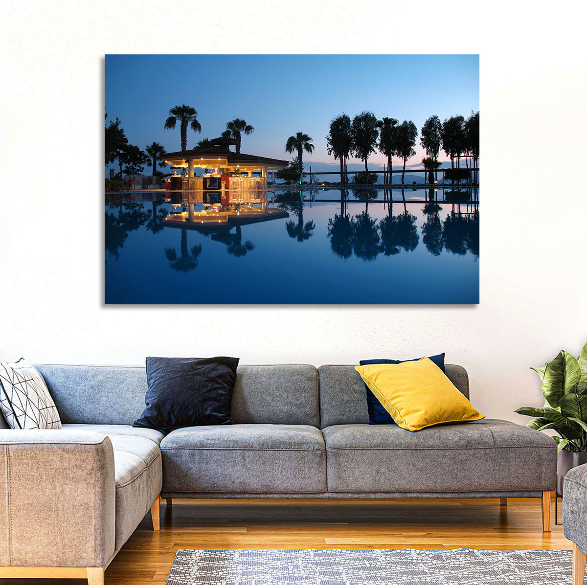 Twilight Poolside Bar Wall Art in a room, landscape