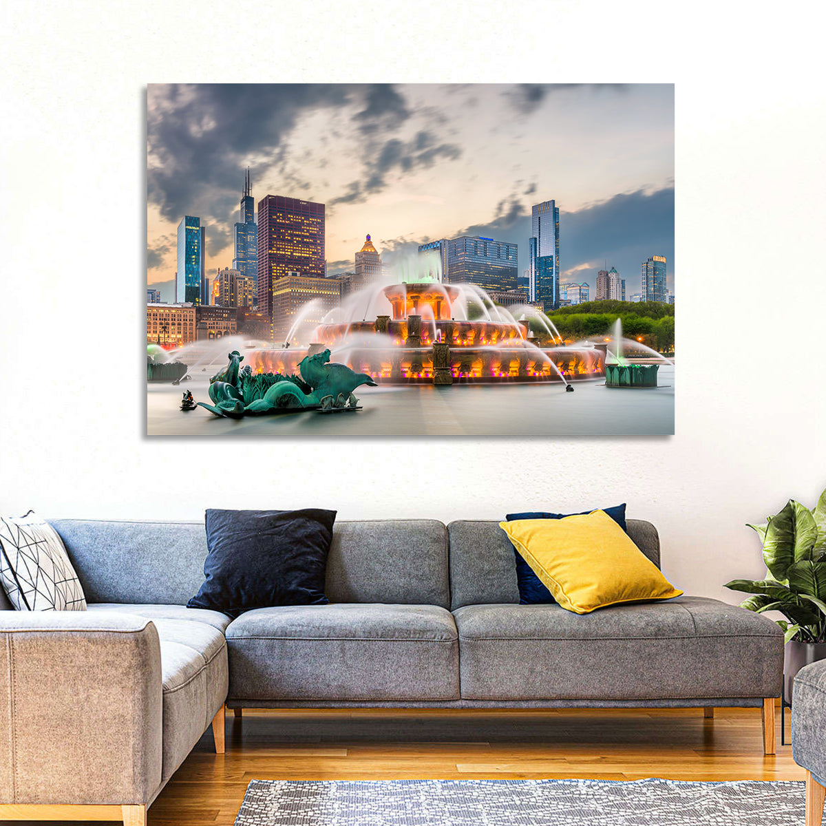 Buckingham Fountain and Chicago Skyline Wall Art in a room, landscape