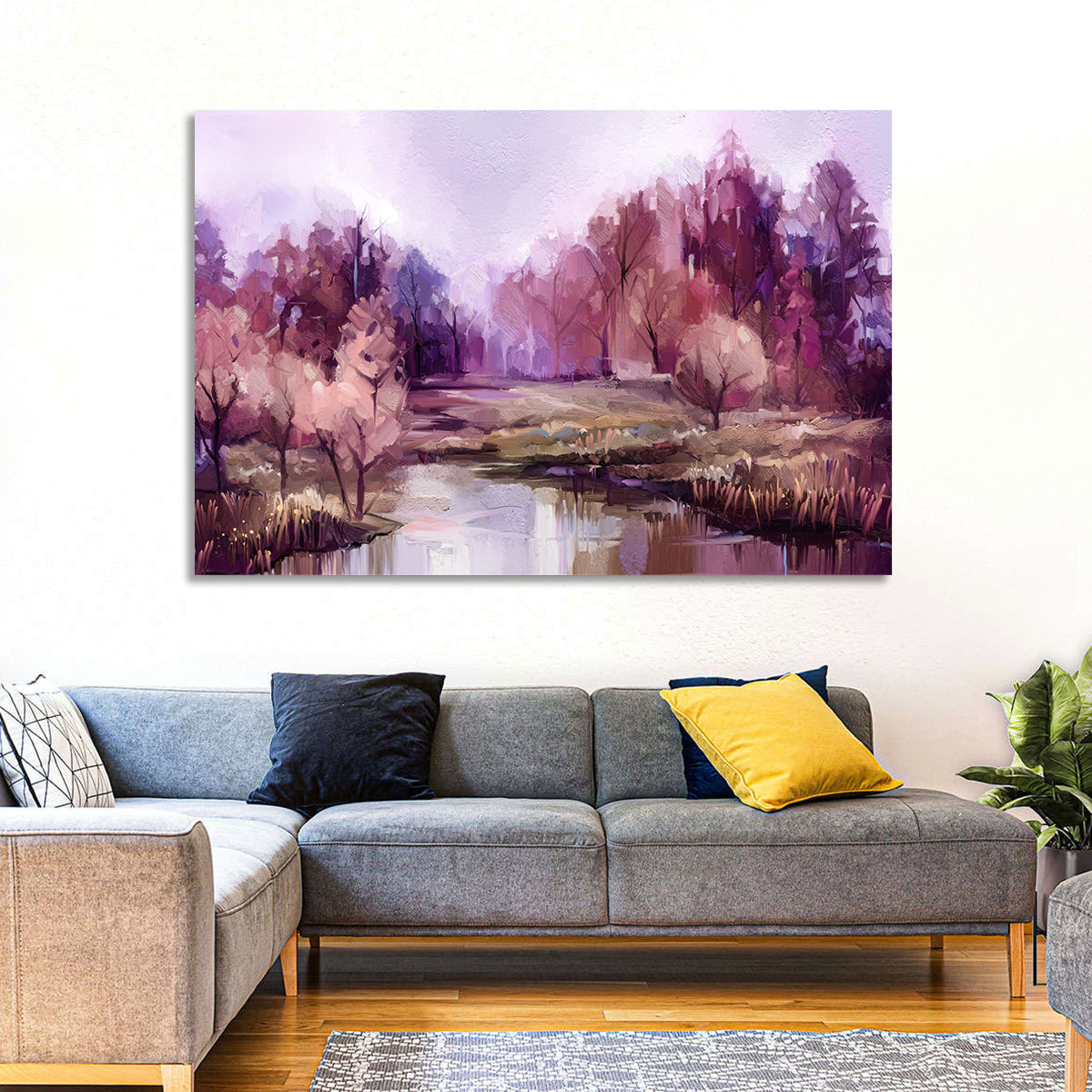 Lavender Autumn Forest Watercolor Wall Art in a room, landscape