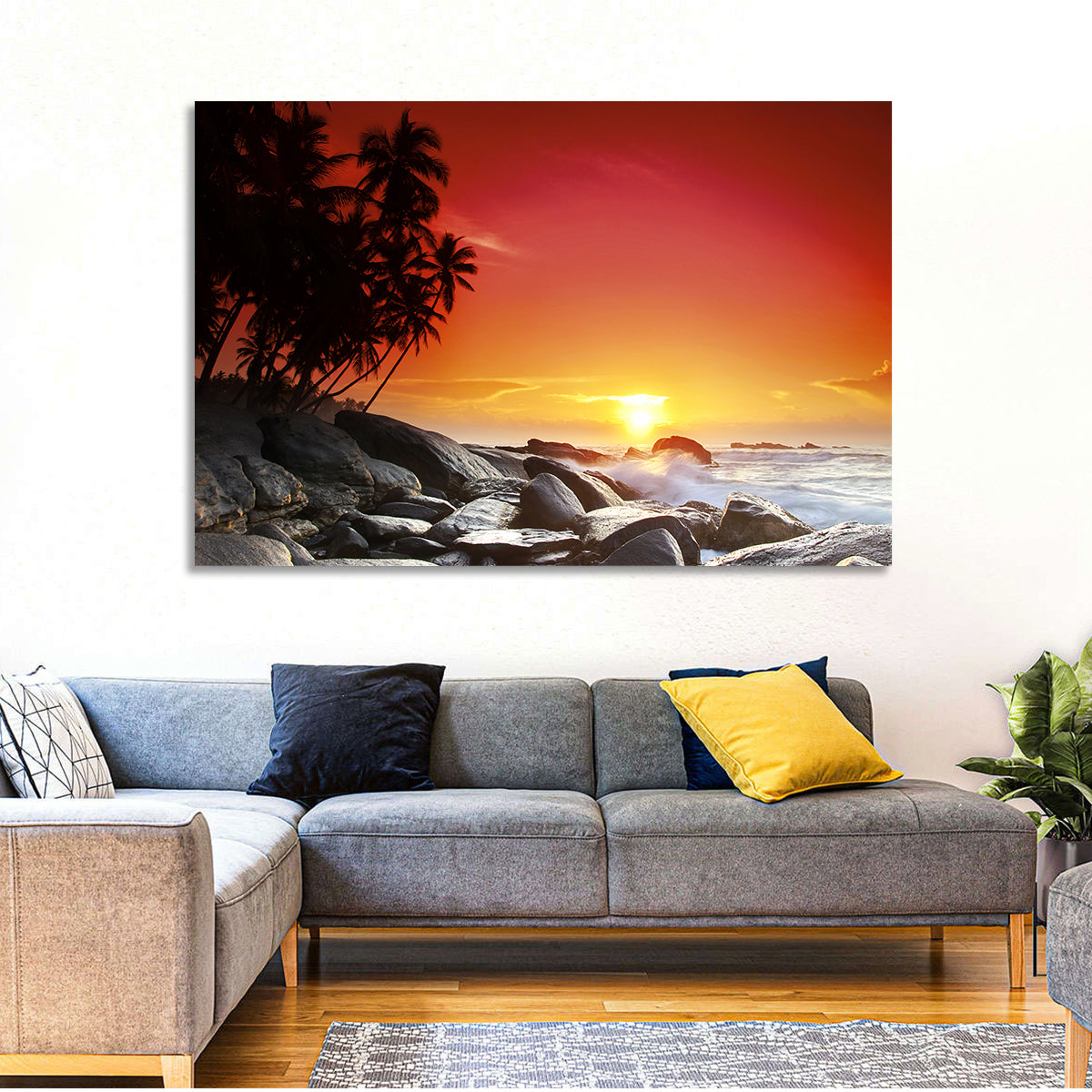 Tropical Island Sunset Wall Art in a room, landscape