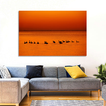 Geese Silhouettes at Orange Sunset Wall Art