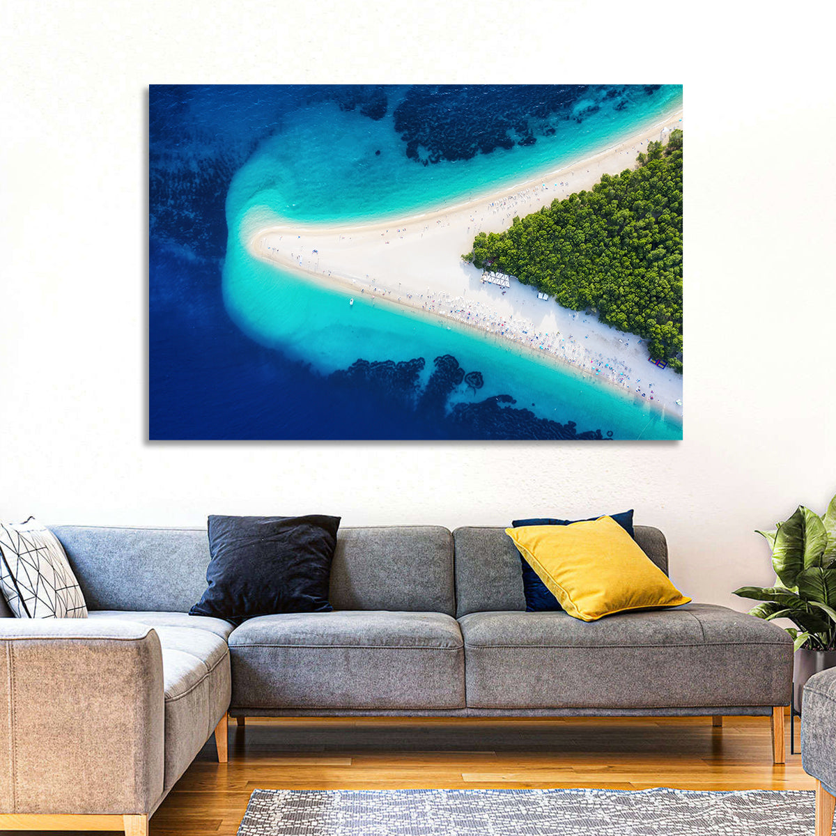 Zlatni Rat Beach Aerial Coast Wall Art in a room, landscape