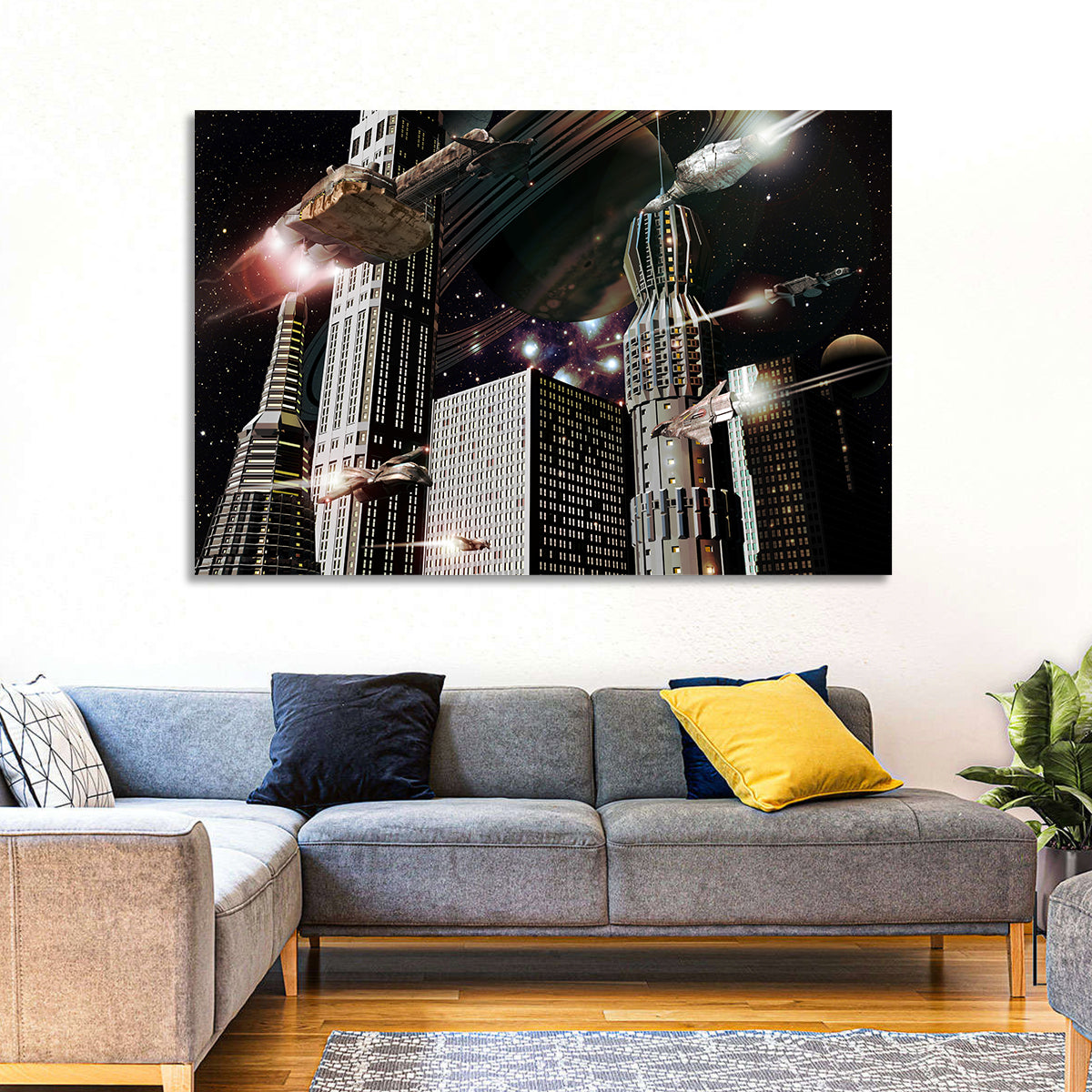 Ringed Planet Cityscape Wall Art in a room, landscape