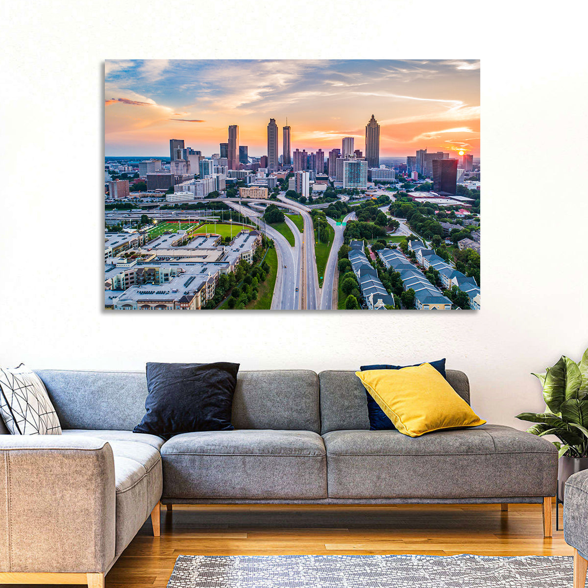 Downtown Atlanta Skyline Wall Art in a room, landscape