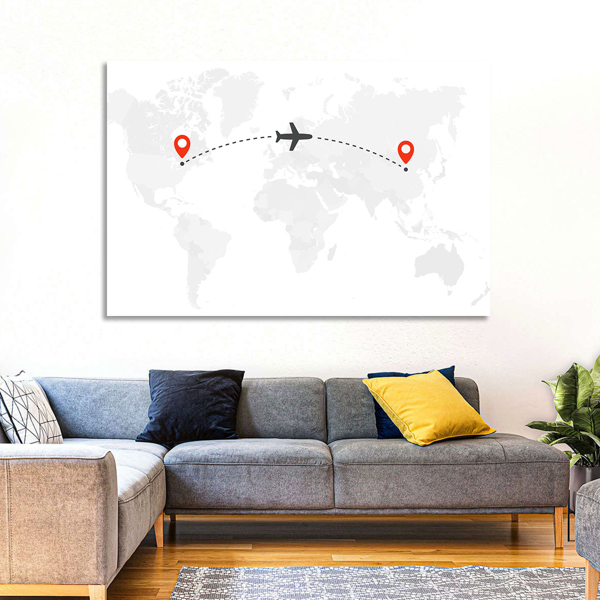 Air Travel World Map Wall Art in a room, landscape