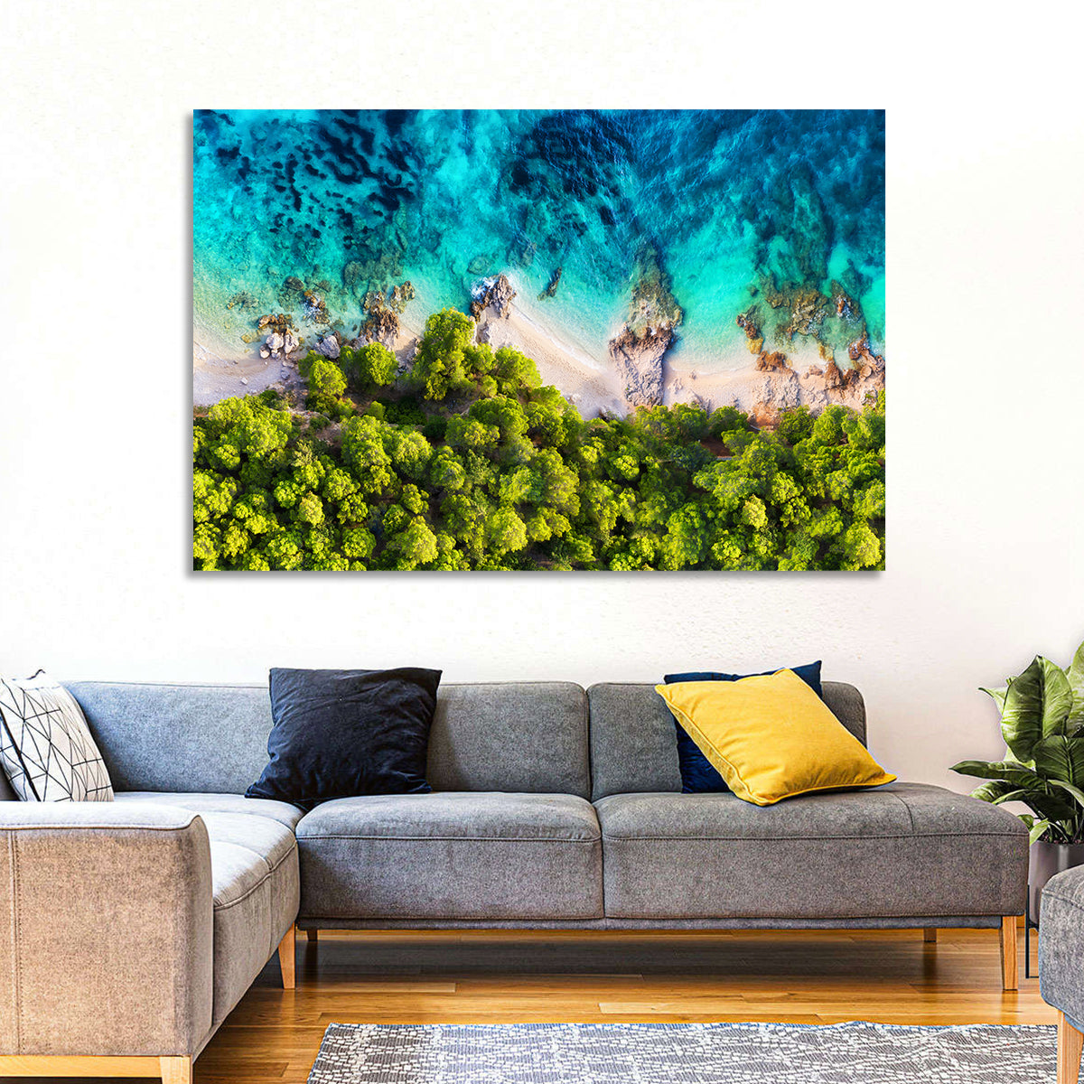 Croatian Turquoise Coastline Wall Art in a room, landscape