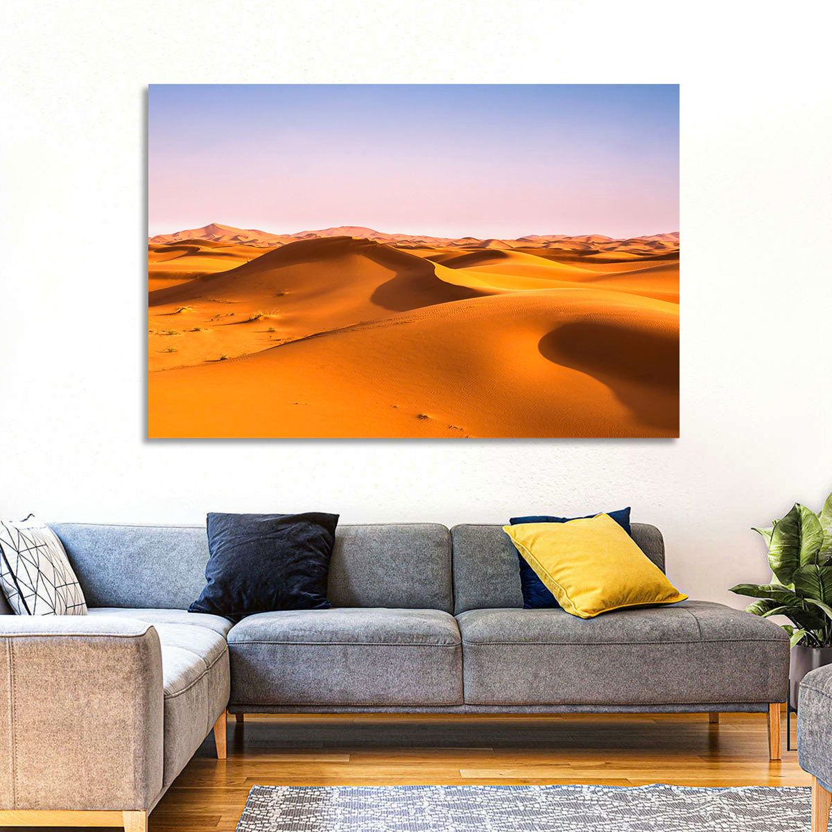 Golden Sahara Dunes Wall Art in a room, landscape