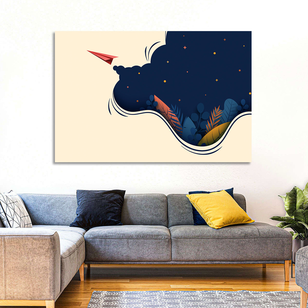 Paper Airplane in Flight Wall Art in a room, landscape