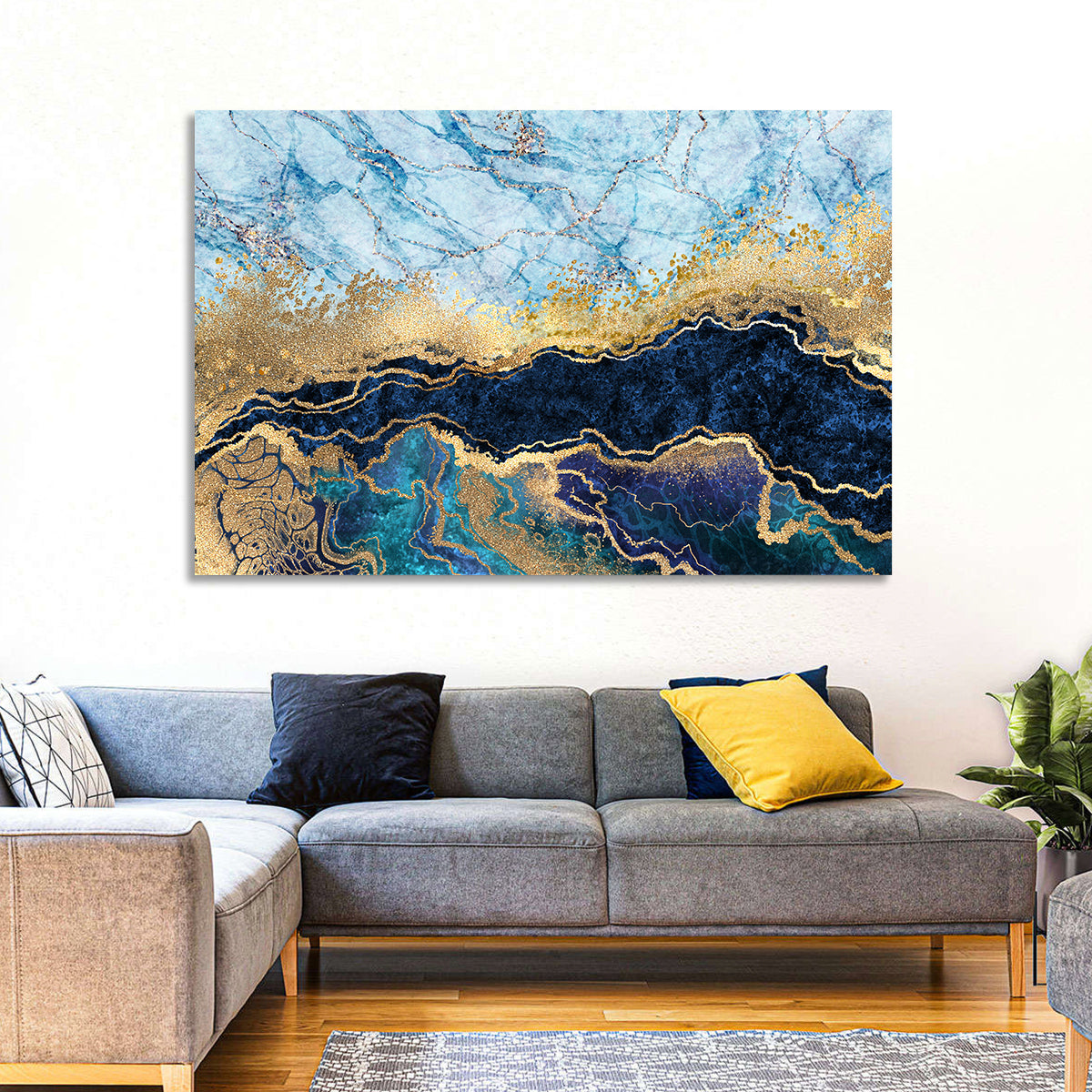 Blue Marble with Gold Veins Wall Art in a room, landscape