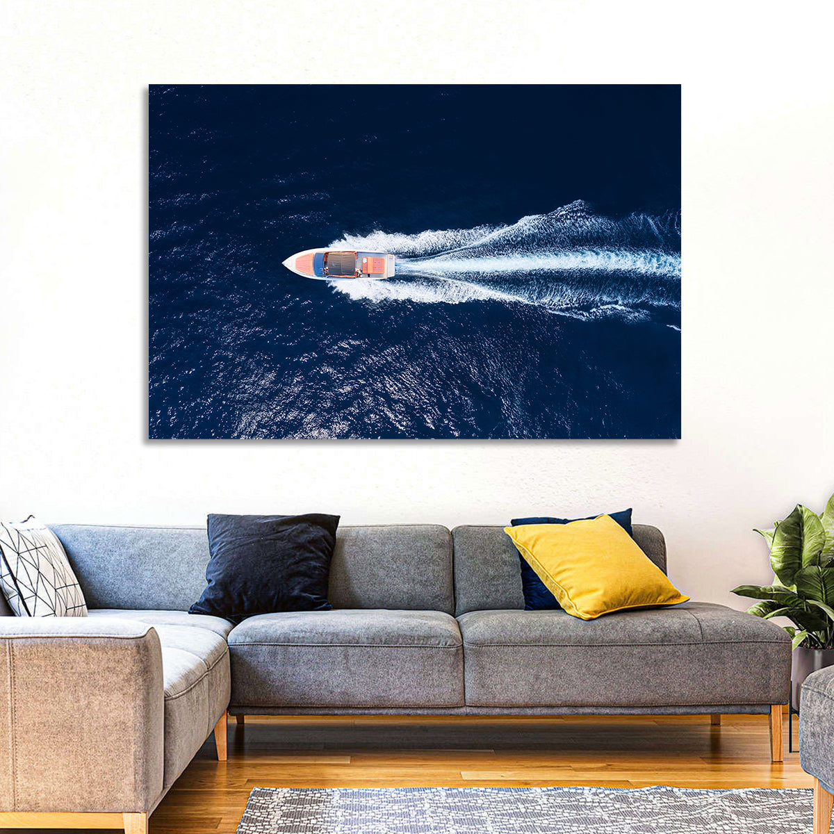 Sleek Speedboat Over Navy Sea Wall Art in a room, landscape
