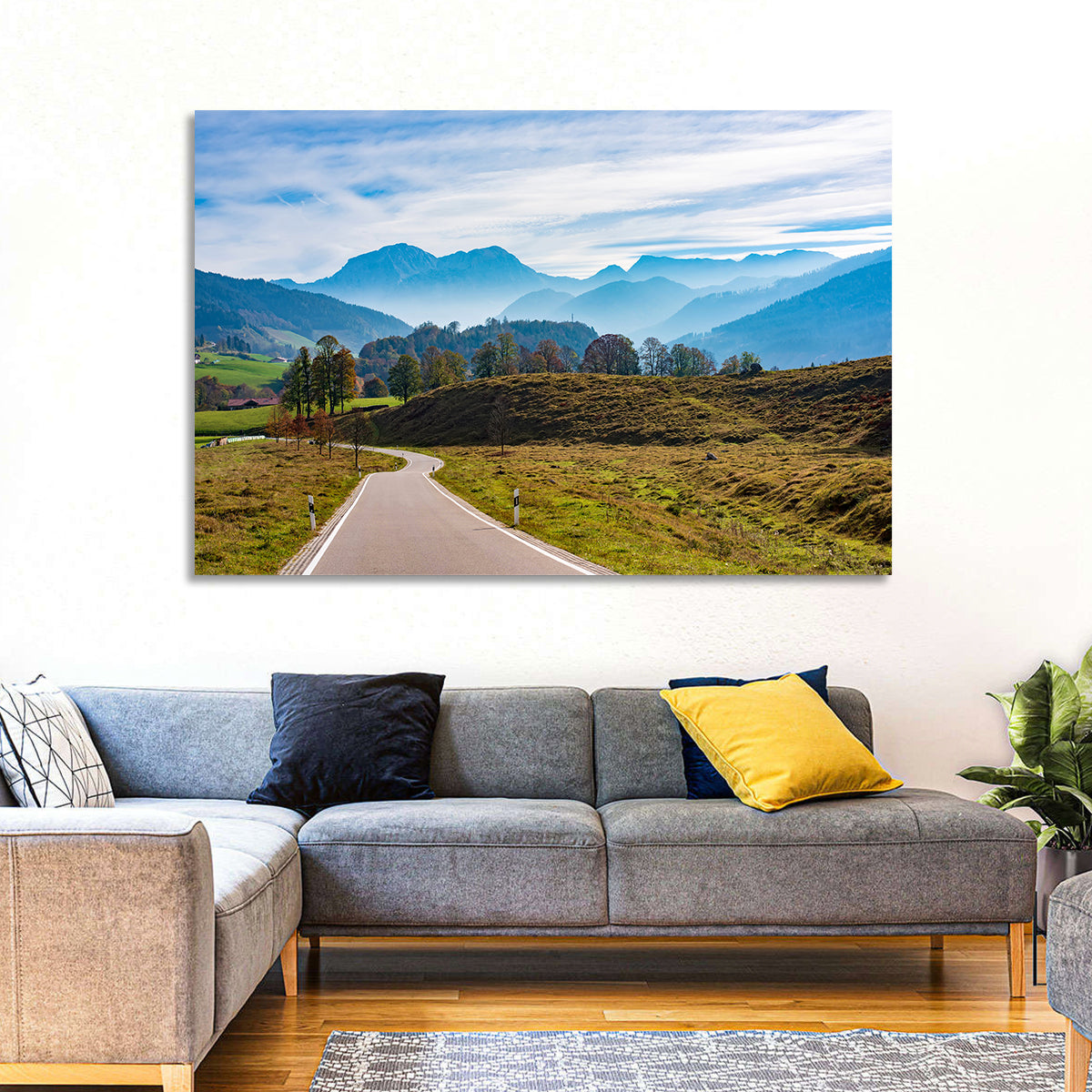 Bavarian Mountain Valley Wall Art in a room, landscape