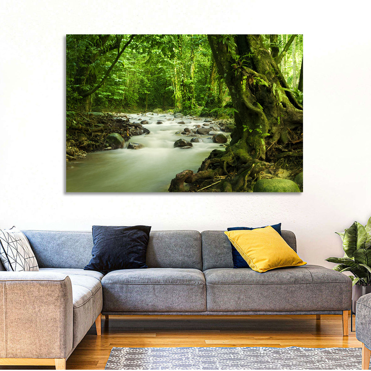 Emerald Rainforest River Wall Art in a room, landscape