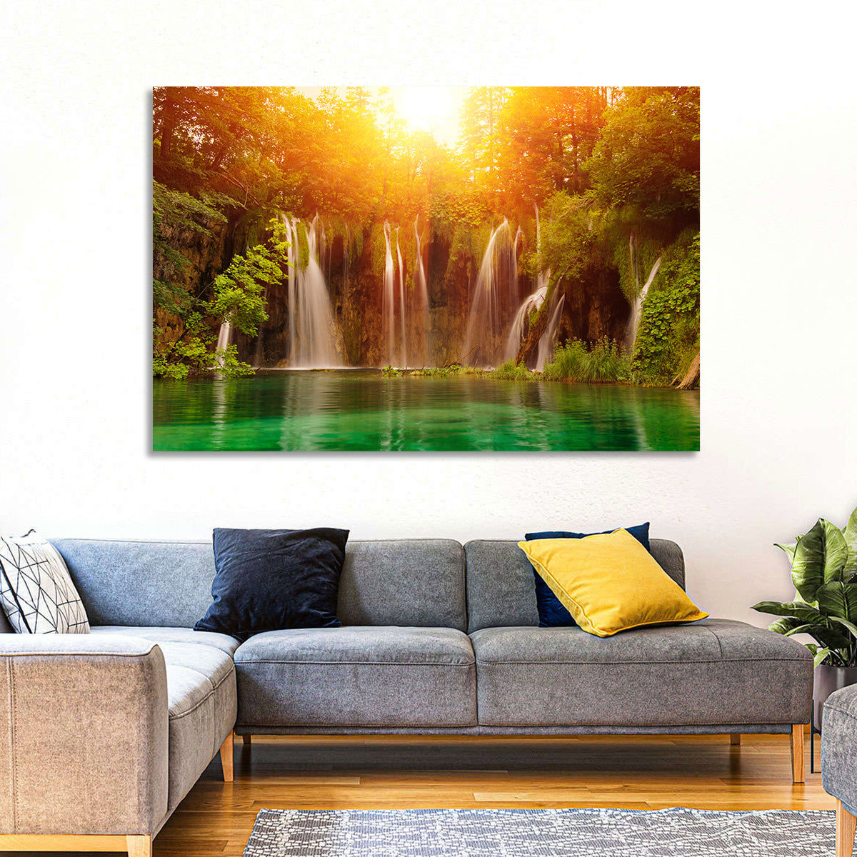 Plitvice Lakes Waterfalls Wall Art in a room, landscape