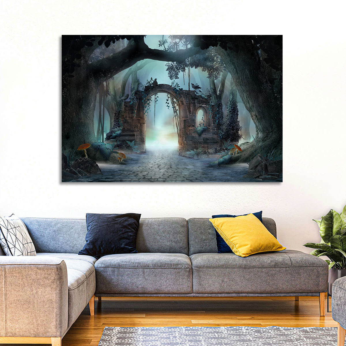 Enchanted Foggy Forest Wall Art in a room, landscape