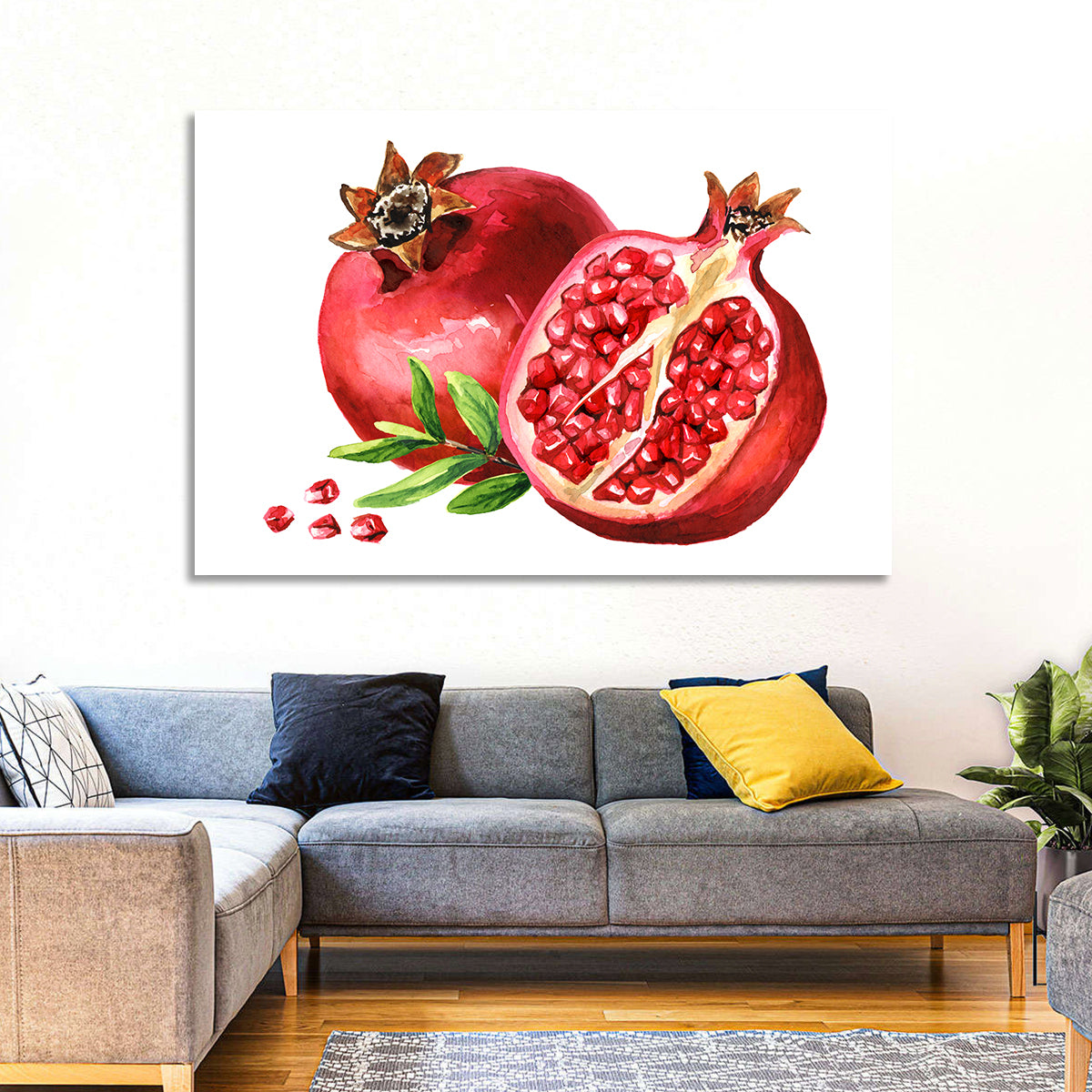 Fresh Pomegranate Watercolor Wall Art in a room, landscape