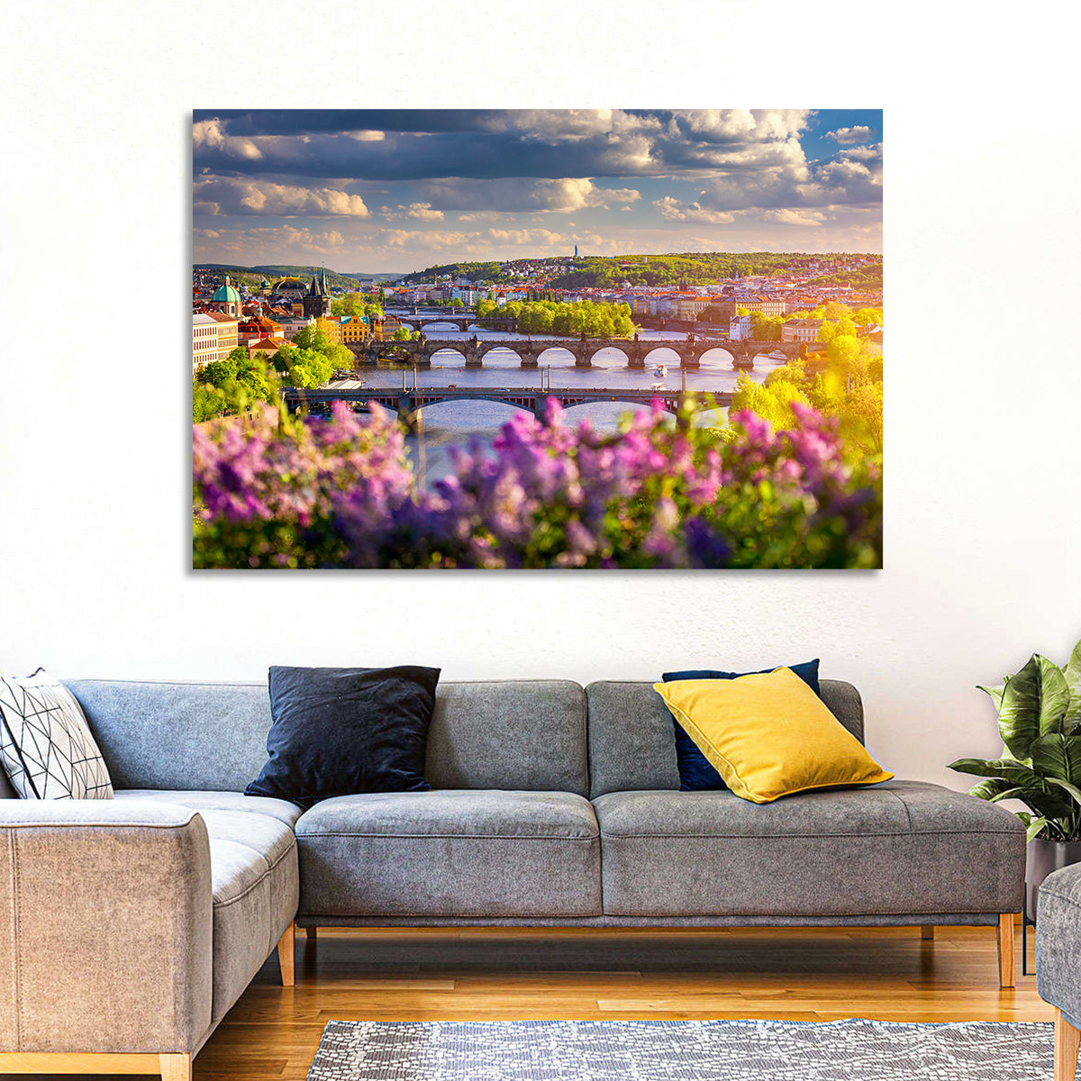 Prague Vltava Bridges in Spring Light Wall Art in a room, landscape