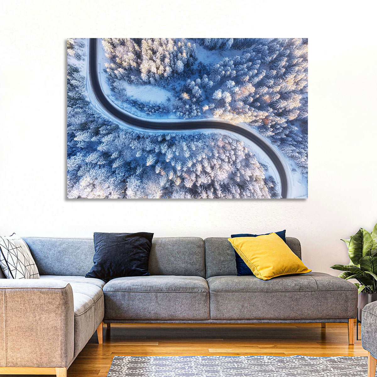 Snowy Forest Road at Golden Hour Wall Art in a room, landscape