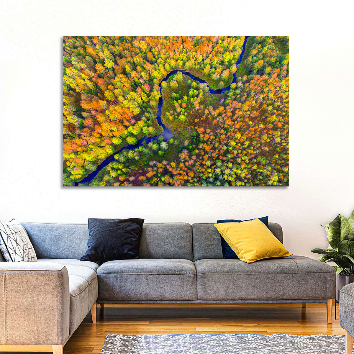 Winding Autumn River Wall Art in a room, landscape