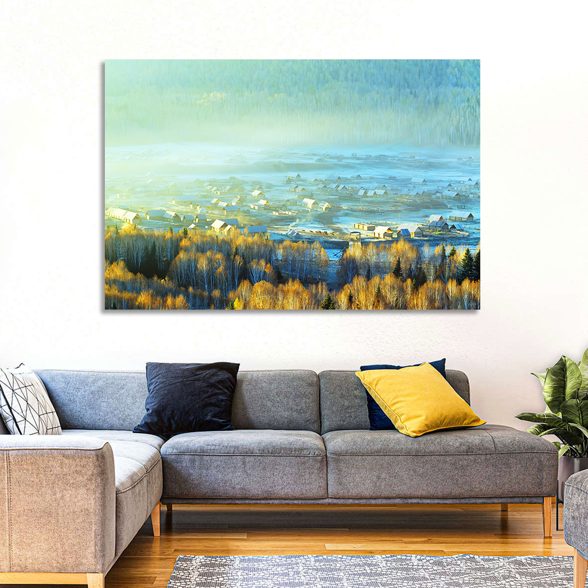 Misty Xinjiang Village Wall Art in a room, landscape