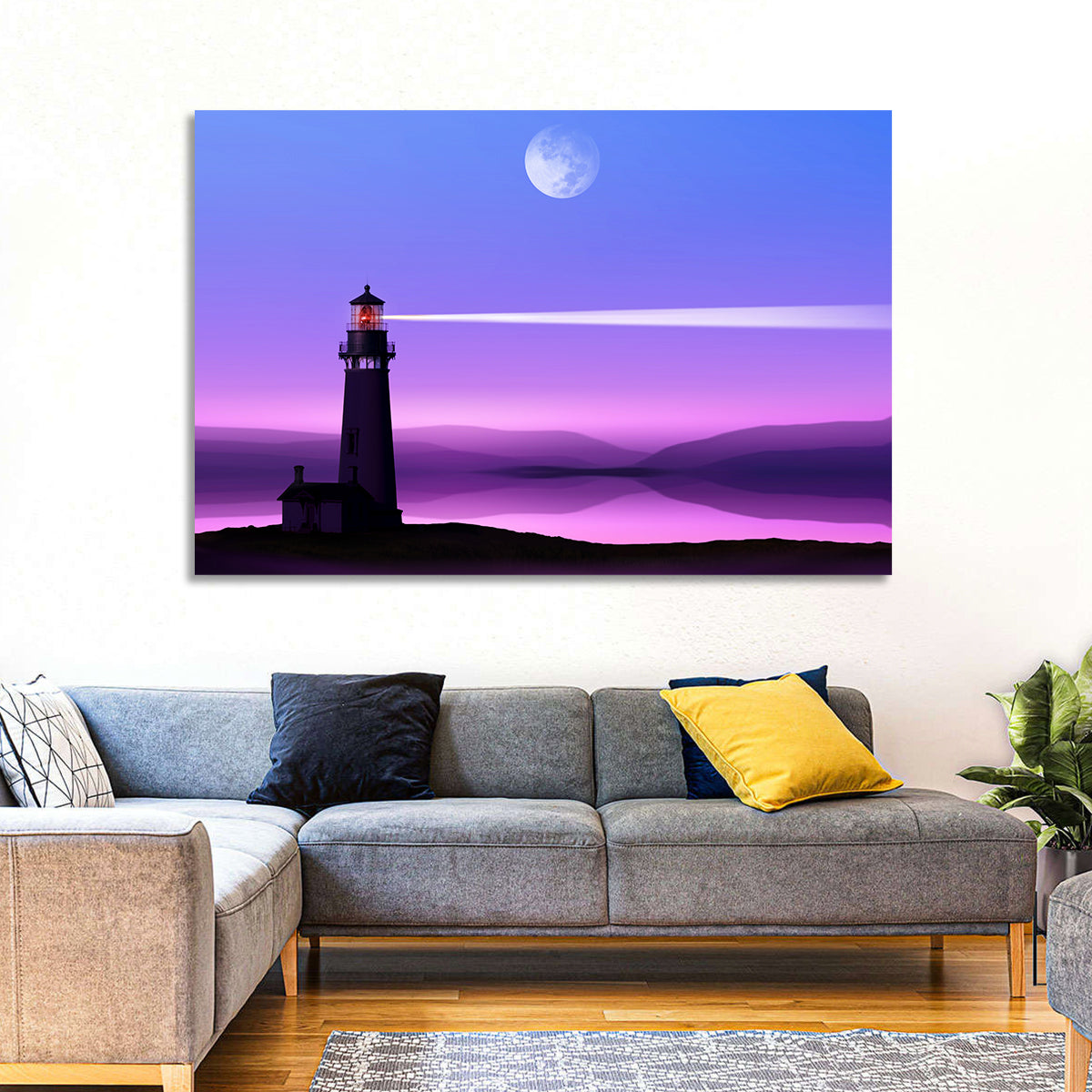 Moonlit Lighthouse Reflection Wall Art in a room, landscape