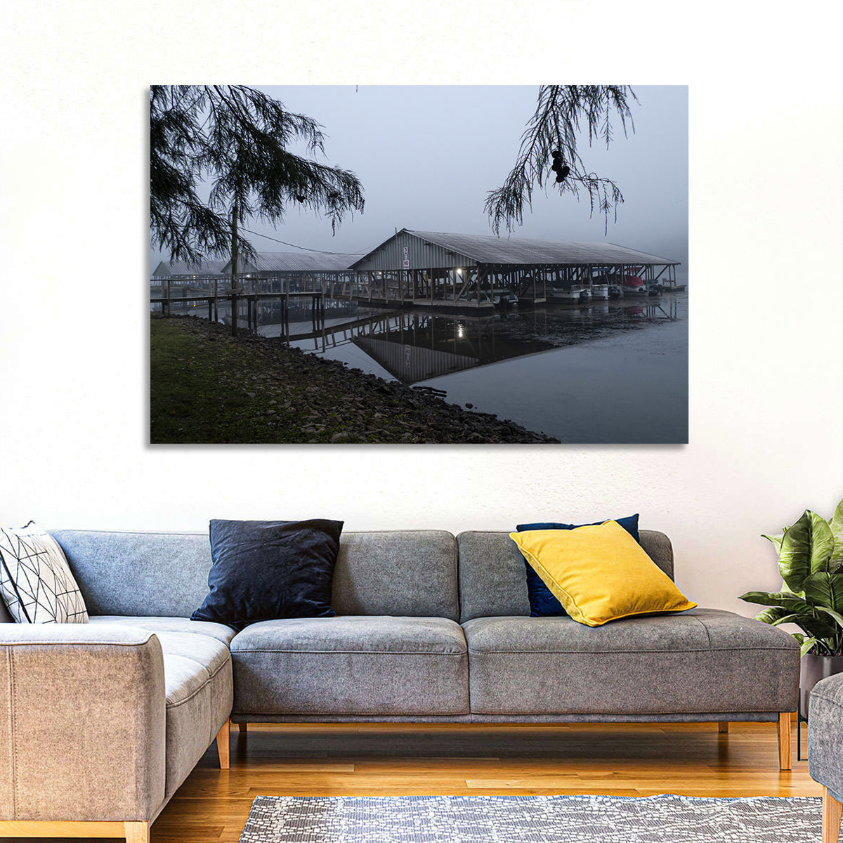 Ozark Beach Resort Boathouse Wall Art in a room, landscape