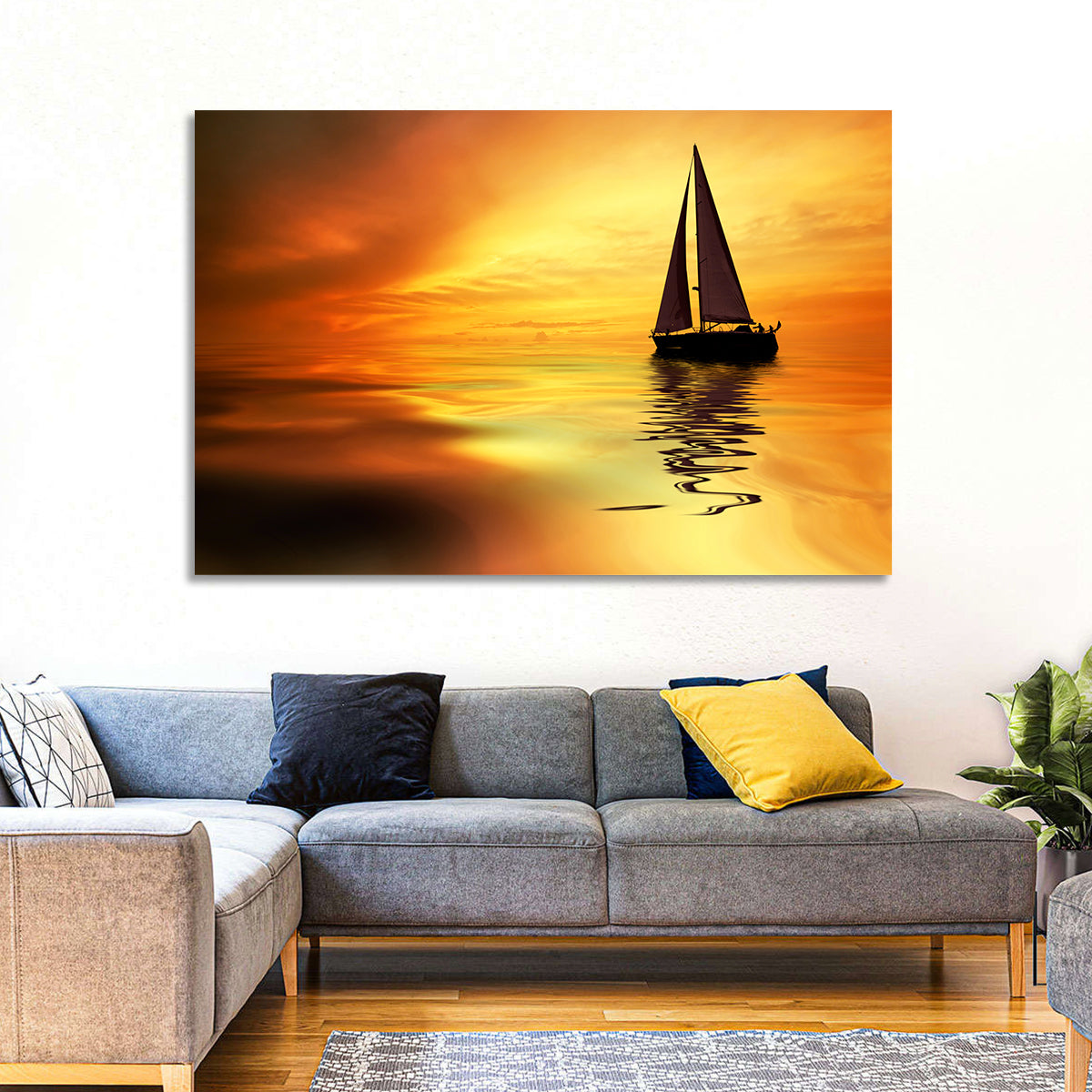 Golden Hour Sailboat Silhouette Wall Art in a room, landscape
