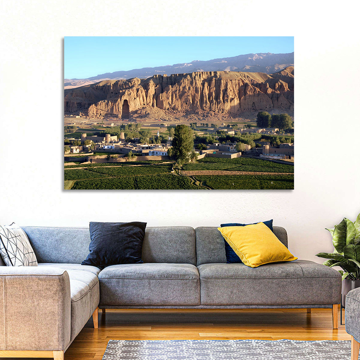Bamiyan Valley Cliff Niche at Golden Hour Wall Art in a room, landscape