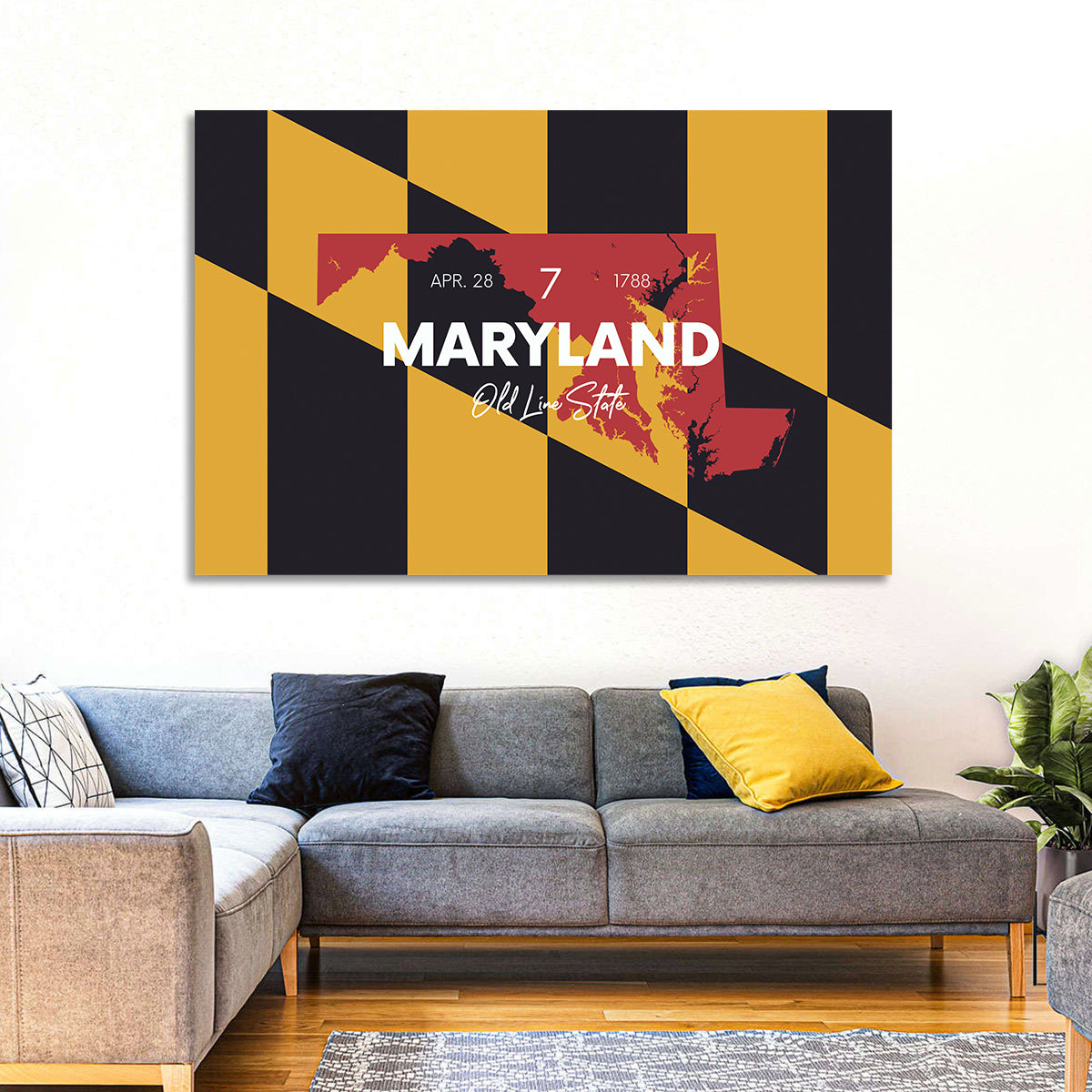 Maryland Flag Map Wall Art in a room, landscape