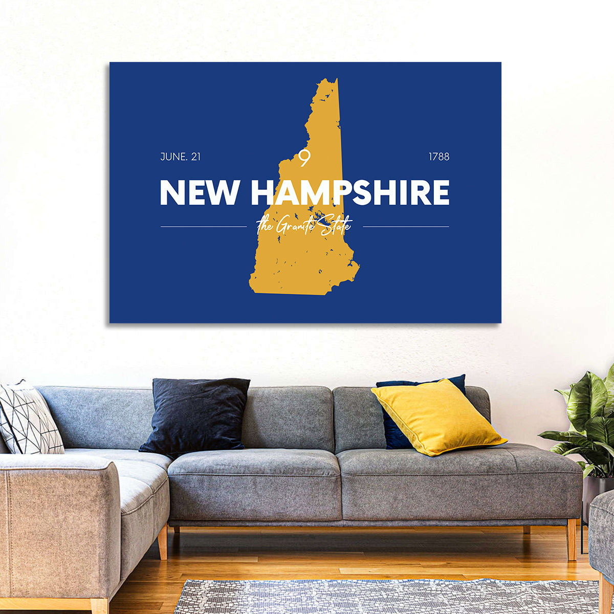 New Hampshire State Map, Blue and Gold Wall Art in a room, landscape
