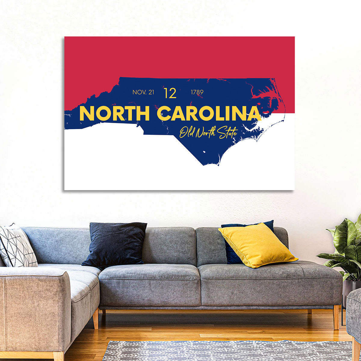 North Carolina Typographic Map Wall Art in a room, landscape