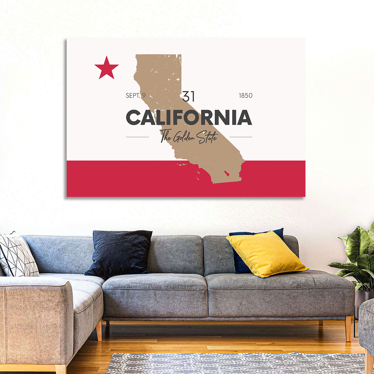 California Map with Red Star Wall Art in a room, landscape