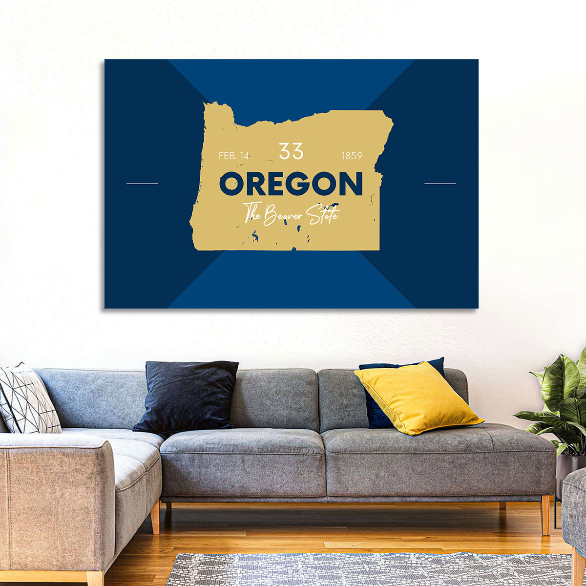 Oregon Typographic Map Wall Art in a room, landscape