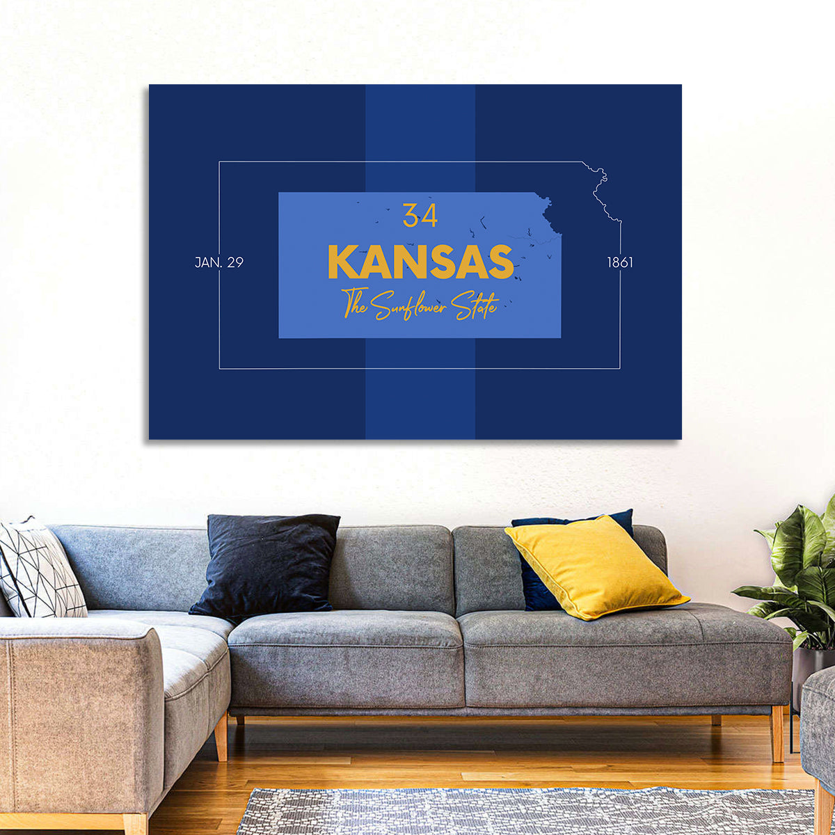 Kansas Typographic Map, Blue and Gold Wall Art in a room, landscape