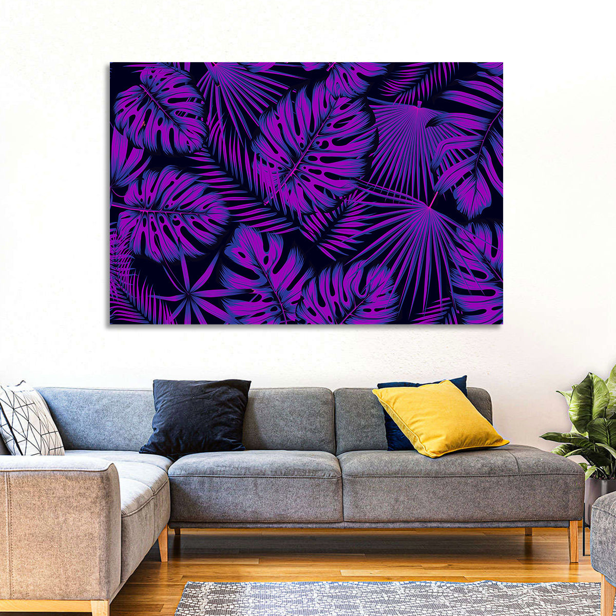 Violet Tropical Leaves Wall Art in a room, landscape